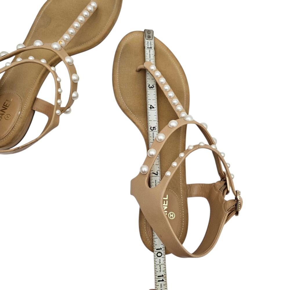 Chanel CC Pearl Flat T Strap Thong Sandal Beige Tan Leather Size 39.5 C US 8.5 9 - Picture 12 of 13